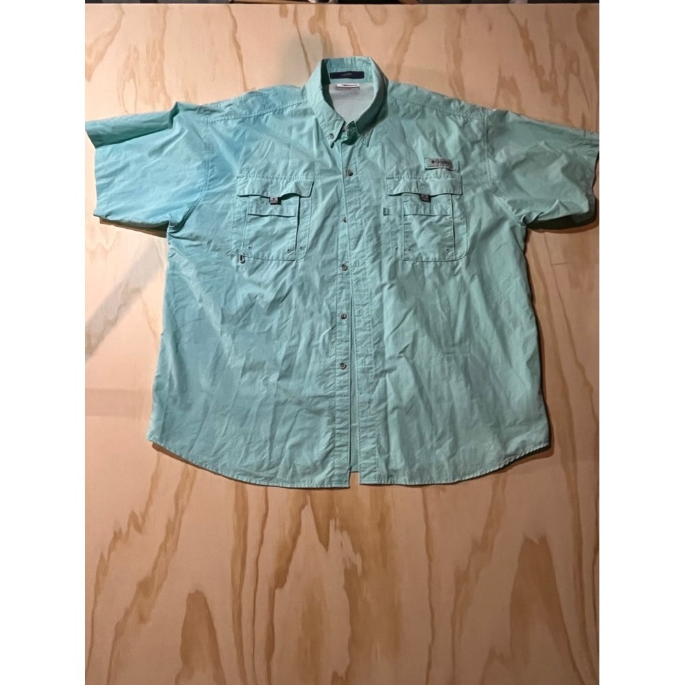 Columbia PFG Bonehead Short Sleeve Button Up Fishing Shirt Aqua Blue Mens XL